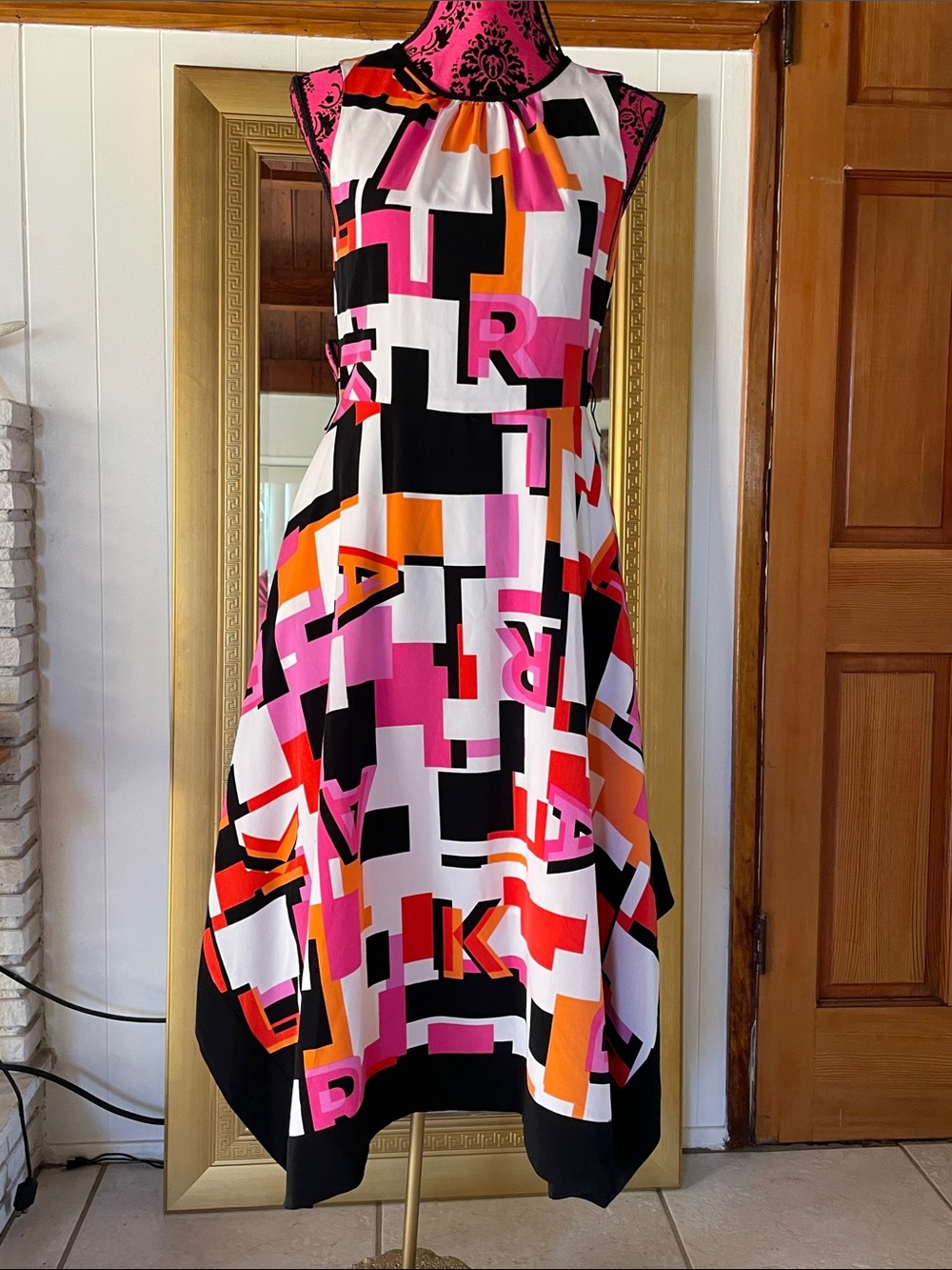 Karl Lagerfeld Sleeveless High-Low Dress in Pink, Black, Orange & White…